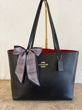 Coach Black Leather Tote with Red Interior and Plaid Bow